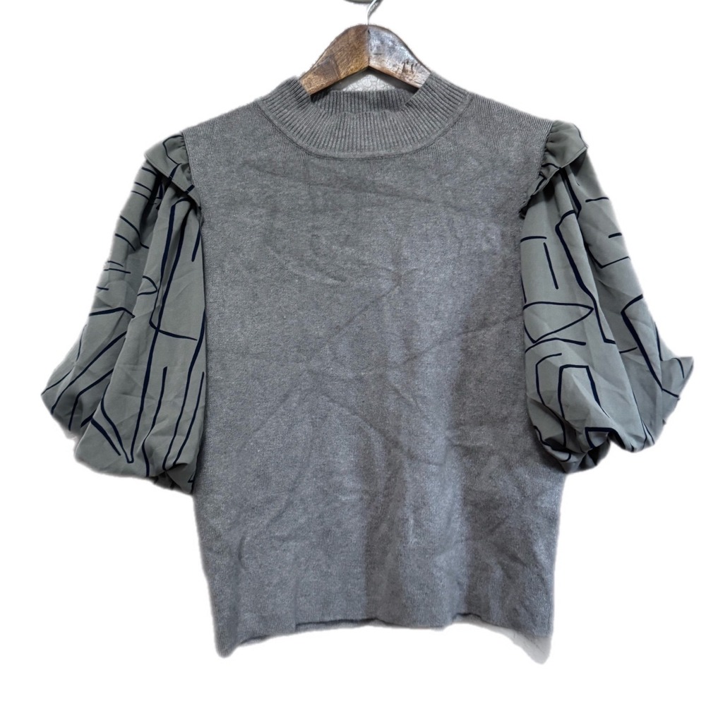 THML Mixed Media Sweater Women M Grey Excellent Puff Sleeve Abstract Print Top